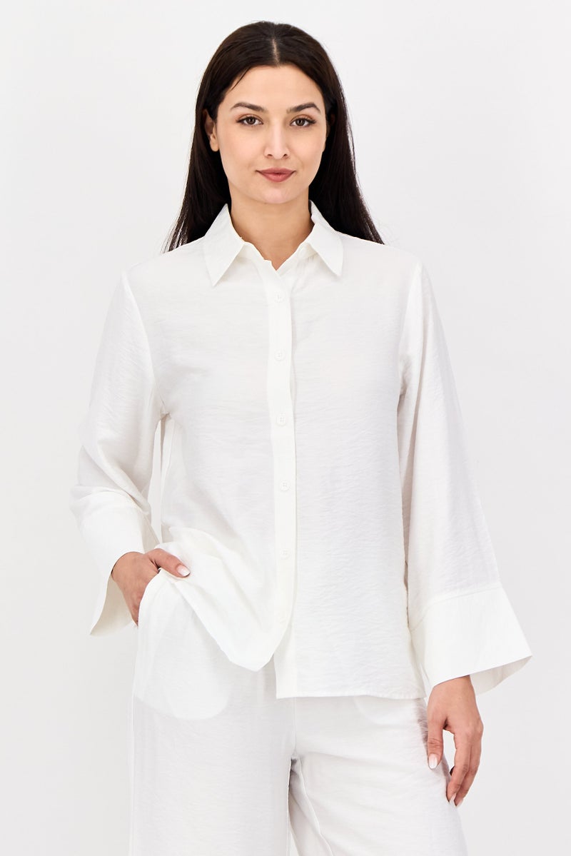 bebe Women 2 Pieces Plain Long Shirt And Palazzo Pants Set, White - Image 4